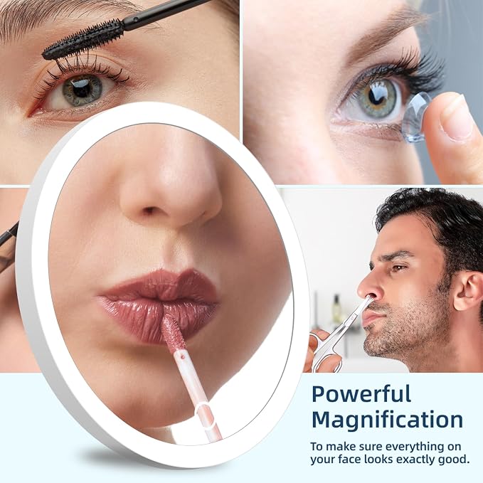 20X Magnifying Mirror with Lights, 20X Magnified Mirror with 3 Suction Cups | 6inch Travel Size, Rechargeable Magnification Mirror with 3 Color Lights Adjustable Brightness - Includes Tweezers & Scissors