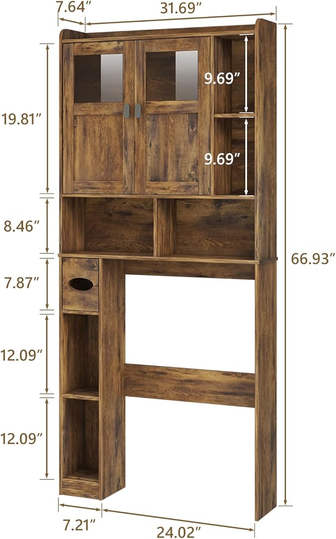 Vabches Over The Toilet Storage Cabinet with Doors and Shelves, Brown | Freestanding Home Space Save Toilet Rack, with Adjustable Shelves for Restroom, Bathroom, Laundry