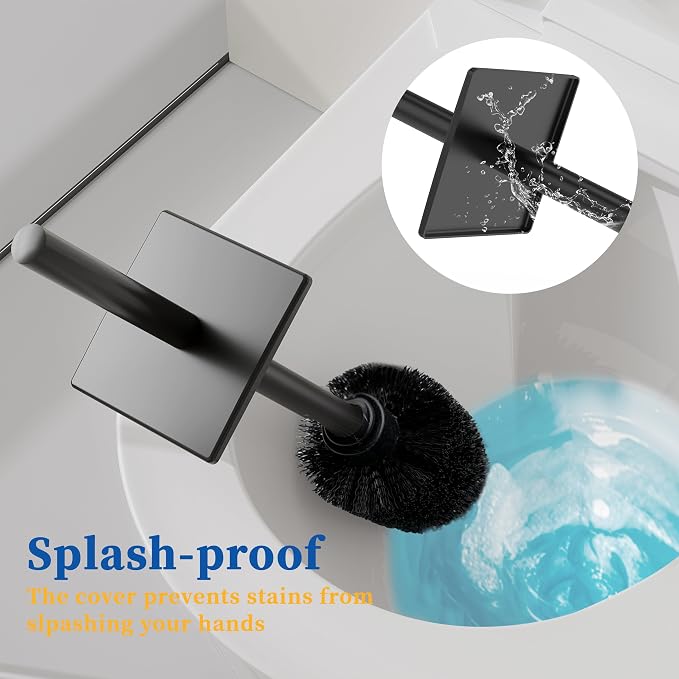 RUACQ Toilet Brush and Holder Set, Square, Matte Black, 2 Pack | SUS304 Stainless Steel Handle, Toilet Cleaner Brush with Durable Scrubbing Bristles, Splash-Proof
