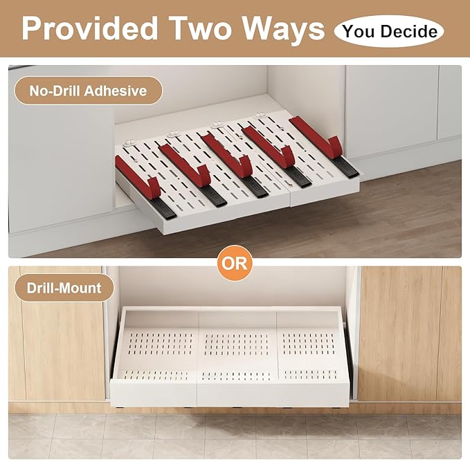 Fokyfok Pull Out Cabinet Organizer,23"-31"W,17"-24"D,Expandable,Adhesive | No Drill,5 Rails,Adjustable Slide out Drawers for Kitchen,Pantry,Roll out Shelves,Cabinets Without Lip,Framless,White,1PC