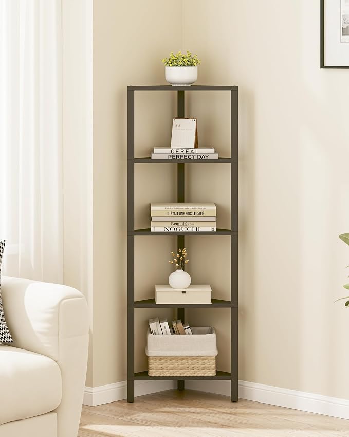 TUTOTAK Corner Shelf, 5-Tier Corner Bookshelf for Small Space | Narrow Display Corner Shelf Stand with Storage Rack, for Living Room, Bedroom, Black BS05BK005