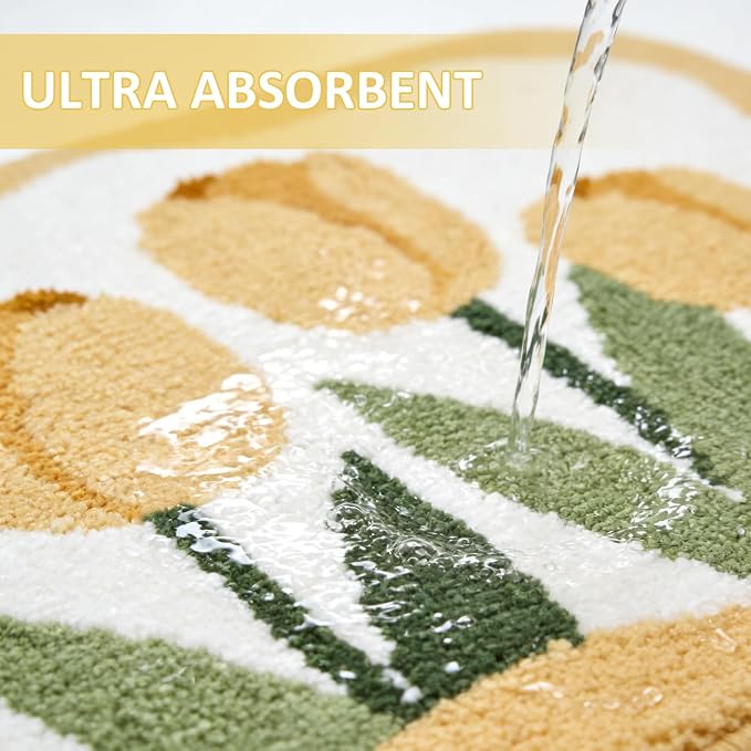 Tulip Flower U-Shaped Toilet Mat, Romantic Floral Non-Slip Bath Rug with Wave Edge Design, Soft Absorbent Microfiber Floor Mat for Toilet Base, Machine Washable Bathroom Decor (U-shaped Yellow) | Romantic Floral, Non-Slip Bath Rug, Wave Edge Design, So...