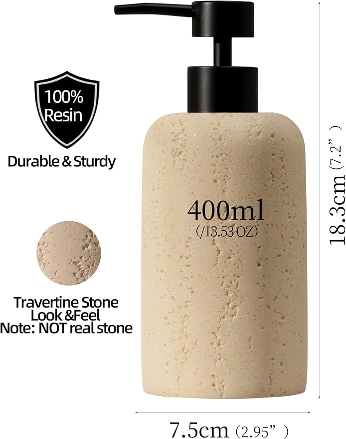2 PCS Hand Soap Dispenser Set,13.53 OZ,Faux Travertine,Yellow | Modern,Refillable Empty Bottle Pump For Hand Dish Soap,Shampoo and Conditioner,Lotion Jar,for Bathroom Countertop Kitchen