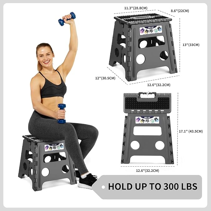 Delxo Folding Step Stool 13 Inch,300 Lbs Step Stool for Adults Dark Grey | Foldable Step Stool 13",Non-Slip Foot Stools with Handle,Lightweight Collapsible stools for Kitchen,Bathroom,Bedroom,Garden