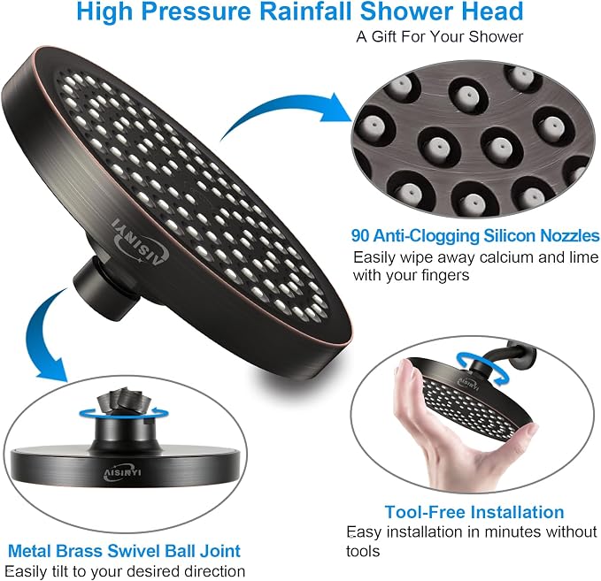 6" Rain Shower Head & 6" Shower Arm, Luxe Oil Rubbed Bronze Finish | High Pressure 6 Inch Fixed Showerhead, Adjustable Replacement, 90 Nozzles, Removable Restrictor, Tool-Free Easy to Install