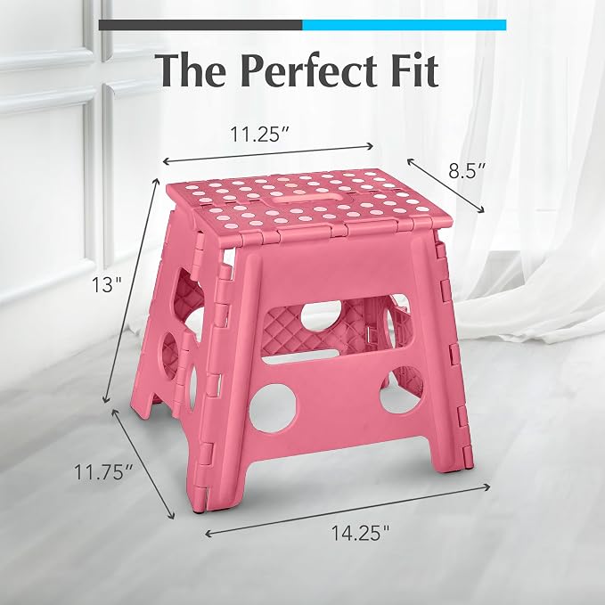 Handy Laundry Folding Step Stool 13 Inch, Pink, Non-Slip Holds 300 lbs | 13 Inch, Pink, Foldable Collapsible Step Stool, Non-Slip, Holds 300 lbs, Kitchen Bathroom Bedroom, Adults