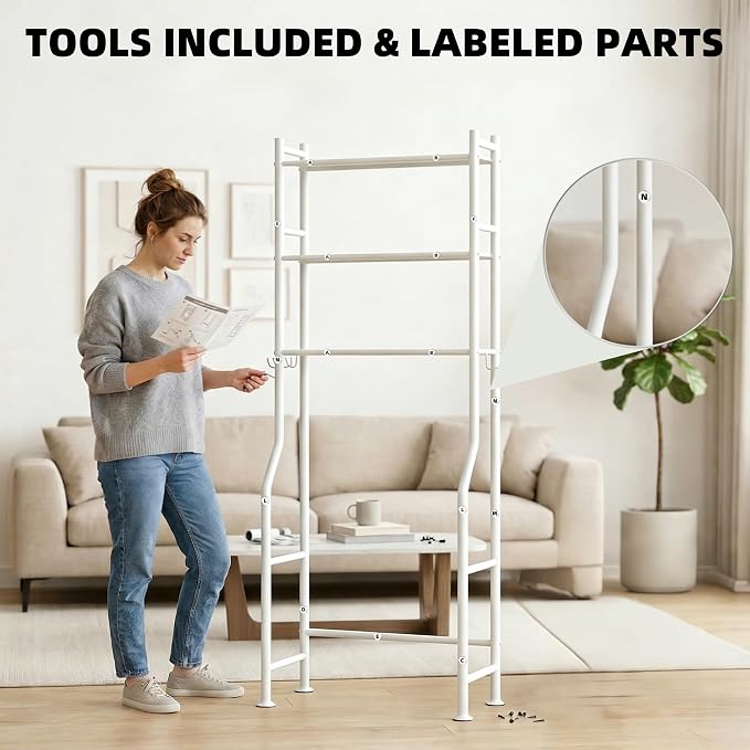 GloTika 3-Tier Over Toilet Storage, Anti-Tilt, 64" H, White | Anti-Tilt Safety System, 150lb Capacity, Carbon Steel, Freestanding, No Drilling, Anti-Rust Coating, Paper Holder & 4 Hooks