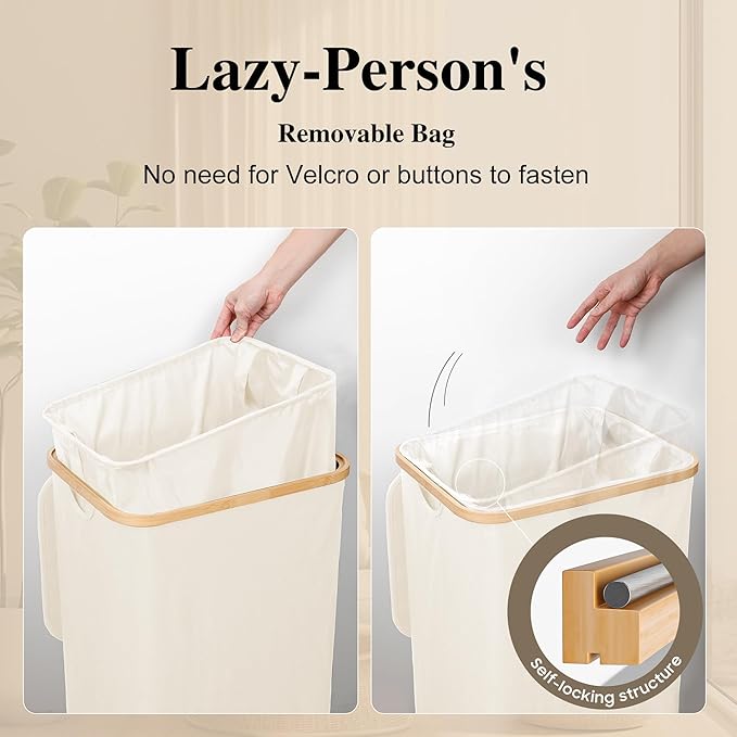 Foluck Large Laundry Hamper, 75L Waterproof Laundry Basket with Lid and Removable Bag, Collapsible Tall Clothes Hamper with Bamboo Handles for Clothes Toys in Dorm Bedroom Bathroom, Beige, ZYL201-W