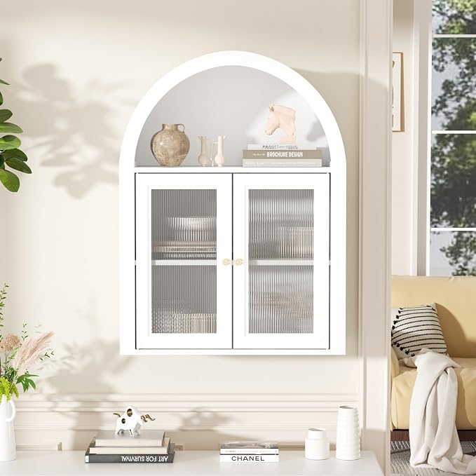 Medicine Cabinet with Arched Top, Bathroom Wall Cabinet Over Toilet with Wave Pattern Acrylic Doors and Removable Shelf, Roman Style Small Wall Cabinets for Kitchen, Living room, Laundry Room, White
