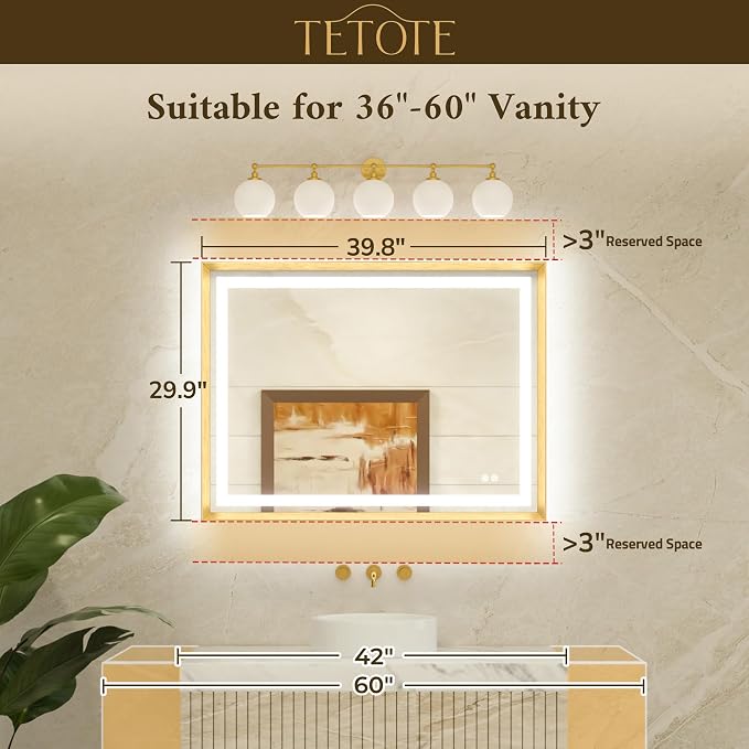 40 x 30 Bathroom Mirror Brushed Gold Metal Frame Frontlit & Backlit Vanity Mirror 3 Colors White/Warm/Natural Stepless Dimmable Anti-Fog Bathroom Mirrors for Vanity Wall-Mounted