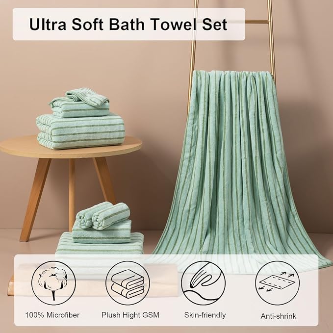 4 Pcs Green Cabana Stripe Large Bath Sheets Soft Microfiber Bathroom Towels | Fluffy oversized towel with hang loops absorbent quilck dry easy replacement family dorm sets for home beach pool gym yoga