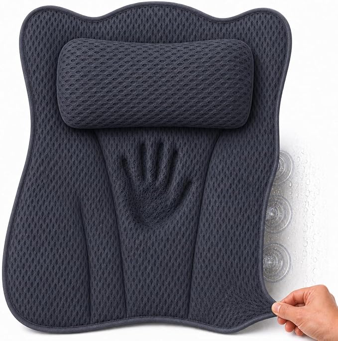 Bath Tub Pillow, Extra Thick Luxury Cushion with Strong Suction Cups for Head, Neck & Back Support, Breathable Spa Pillow for Relaxing Night Bath (Black)