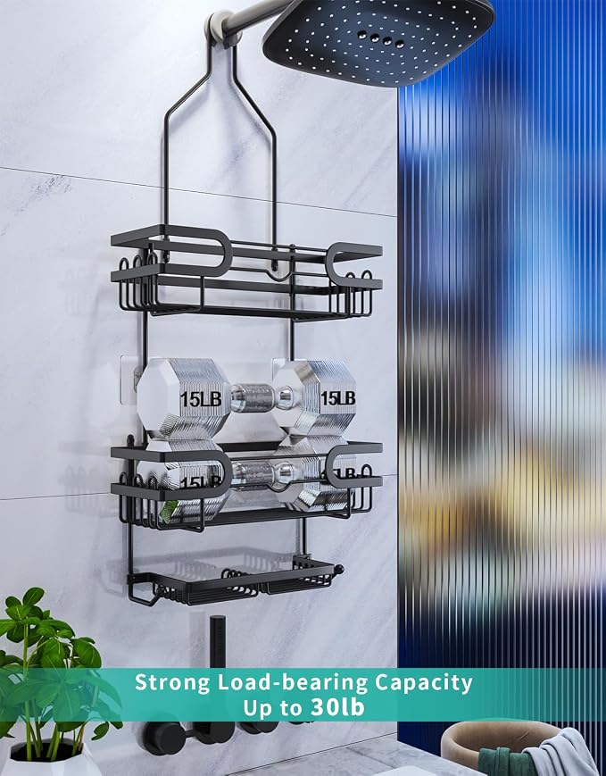 HapiRm Bathroom Hanging Shower Caddy - Rustproof & Waterproof Shower Shelf with 12 Hooks and 2 Soap Holders, No Drilling Bathroom Organizers and Storage - Black