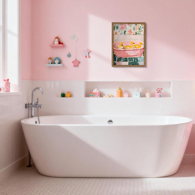 Framed Funny Bathroom Wall Art Decor, Yellow Duck in Pink Bathtub Canvas Wall Decor Painting, Cute Whimsical Animal Poster Print Picture for Girls Bathroom Nursery 16x24 Inch