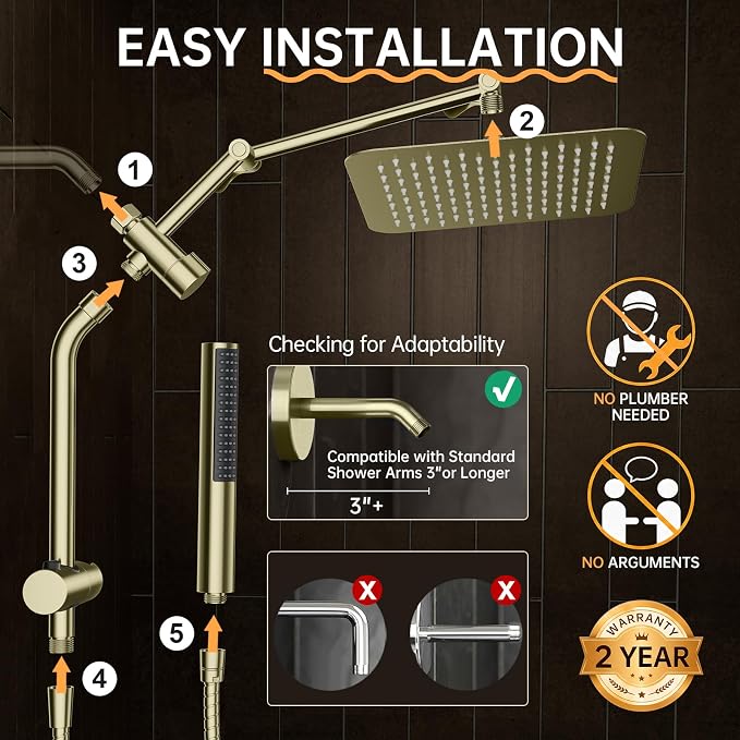 Veken All Metal 10" Luxurious Brushed Gold Rain Shower Head with Handheld | Dual High Pressure Shower Heads,Double Detachable Showerhead, Square Adjustable Rainfall,Bathroom Upgrade,Best Showerheads