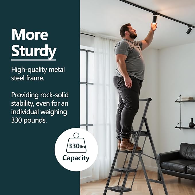 4 Step Foldable Step Stool with Handrail, 330lbs Load, Black | Folded 58'' H x 3'' T; Net 14.8 lbs; Anti-Slip Feet Grip Wood, Tile, Carpet; Wide Pedals; For Shelves, Repairs.