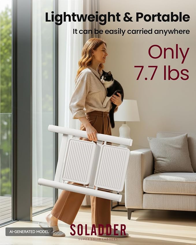 2 Step Ladder, Folding Step Stool, Lightweight Stepladder, White | Anti-Slip 7.9'' Wide Pedal;Space-Saving;For Kitchen, Home, Library, Office Use;300lbs Capacity