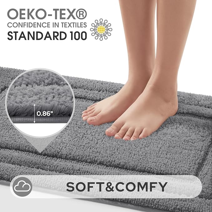 HOMEIDEAS 2 Pieces Large Bathroom Rug, Super Soft and Absorbent Long Rugs, Non Slip and Microfiber Bath Mat for Bathroom Decor (20"x47"+16" x 24", Grey)