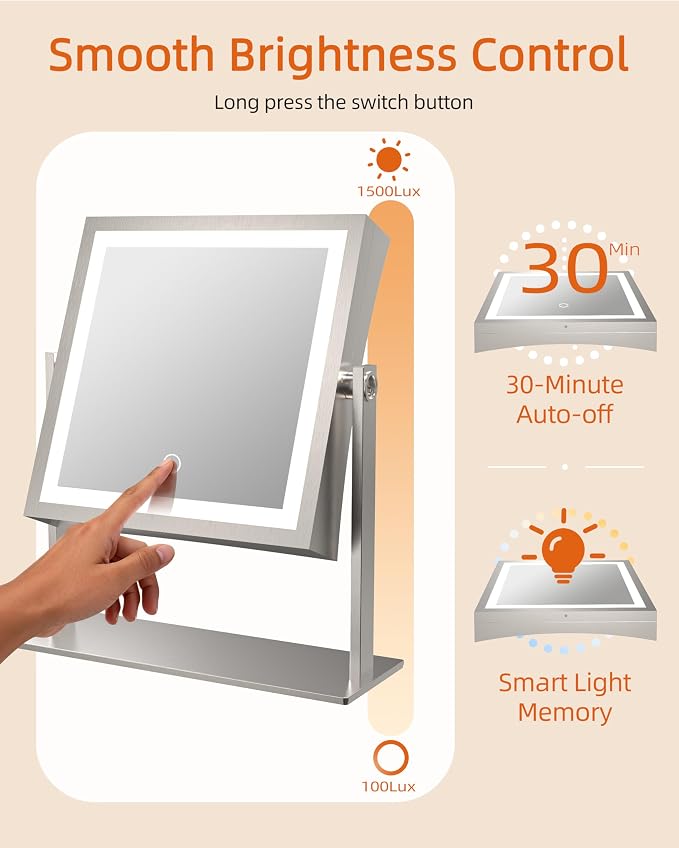 Ruacq Vanity Mirror with Lights, Dual Sided 1X/10X, Brushed Nickel | 8",4000mAh Rechargeable, Magnifying Mirror with 3 Color Lights,Touch Control Dimmable, 360° Rotation, Square, Gift for Women