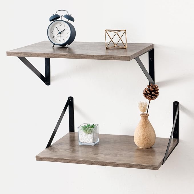 Deep Floating Shelves for Wall, 12 Inch Deep Floating Shelves Set of 2, 16W x 12D Rustic Grey Wood Large Wall Mounted Shelves for Living Room Kitchen Bathroom Bedroom - Grey