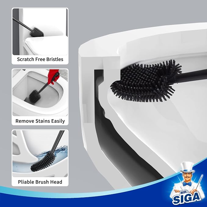 MR.SIGA Toilet Bowl Brush and Holder, Wall Mounted Toilet Brush, Black | Automatic lid design, sturdy handle, upgraded ventilation, flexible thermoplastic rubber head, easy to clean and dry quickly