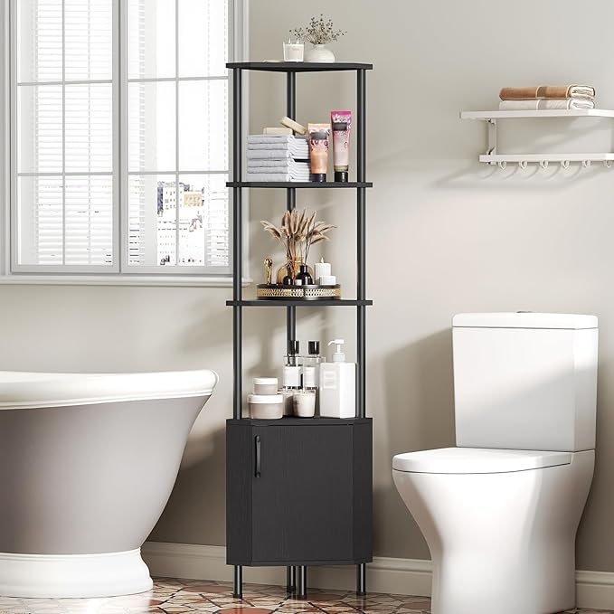 HOOBRO Corner Cabinet with LED Light, Corner Shelf Stand with Storage and Doors, 5-Tier Industrial Corner Bookshelf, 59” Tall Display Rack Shelf, for Living Room, Kitchen, Black BB147DCJ01