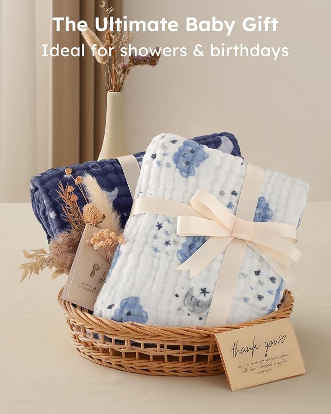Yoofoss Hooded Baby Towels for Newborn 2 Pack 100% Muslin Organic Cotton Baby Bath Towel with Hood for Babies, Infant, Toddler and Kids, 32x32Inch, Soft and Absorbent Newborn Essential, Blue Clouds