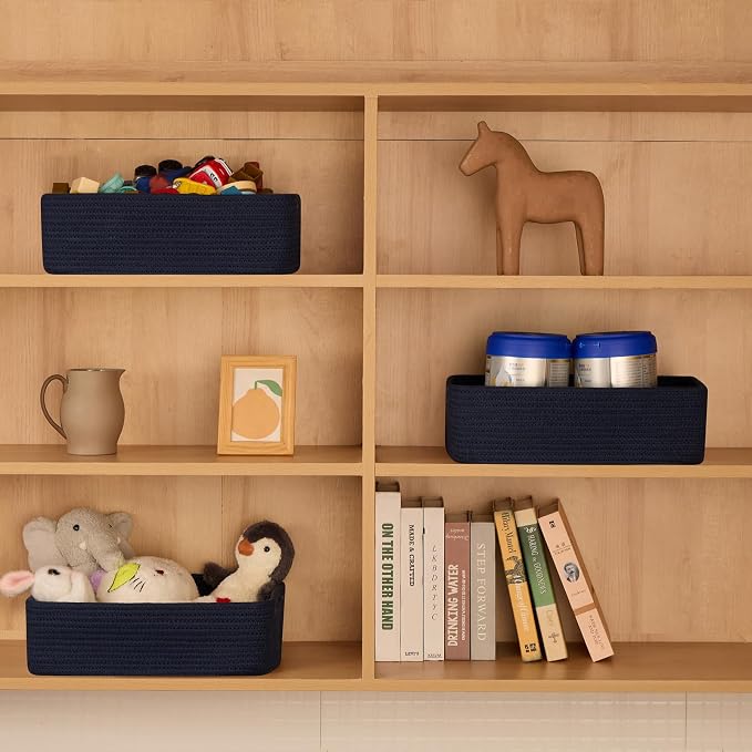 MiniArk Large Shallow Organizing Baskets 15x11x5.1 Inches - Rope Woven Storage Bins for Bathroom, Shelves, Cube Closet, Navy Blue 4 Packs