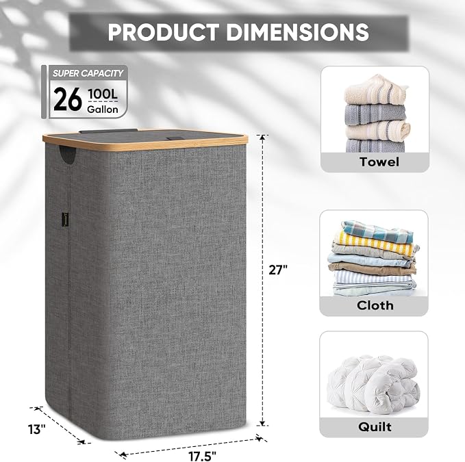 BALEINE Laundry Hamper with Lid, Tall Laundry Baskets with Bamboo Pull Handles, Large Laundry Bin with Internal Support (26 Gal/100L, Beige)