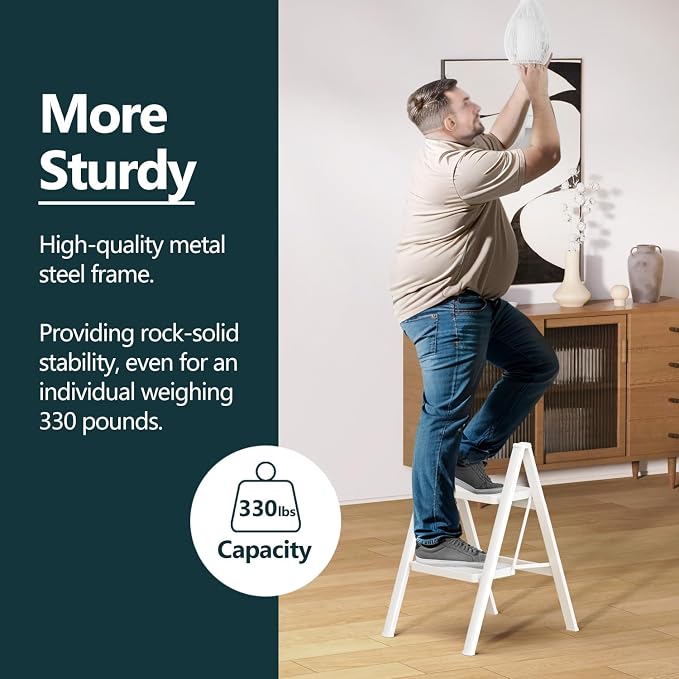 2 Step Foldable Step Stool, 330lbs Load, White | Folded 26'' H x 2'' T; Net 7.4 lbs; Anti-Slip Feet Grip Wood, Tile, Carpet; Wide Pedals; For Kitchens, Closets.