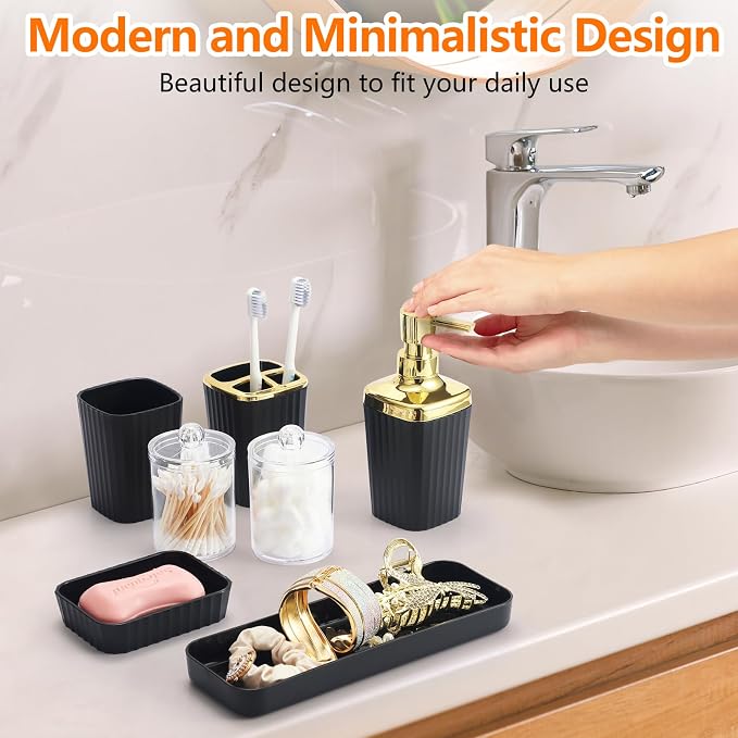 9 PCS Black Bathroom Accessories Set with Trash Can Bathroom Accessory | All-in-One Kit with Trash Can,Toothbrush Holder,Soap Dispenser,Toothbrush Cup,Vanity Tray,Soap Dish,Toilet Brush etc for Home