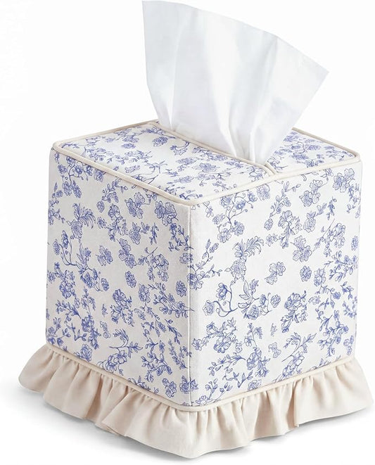 Hushee Blue Cottagecore Ruffle Tissue Box Cover Floral Print Tissue Box Handmade Cotton Square Napkin Holder for Home Bedroom Living Room Bathroom Vanity Countertop Car Office Kitchen