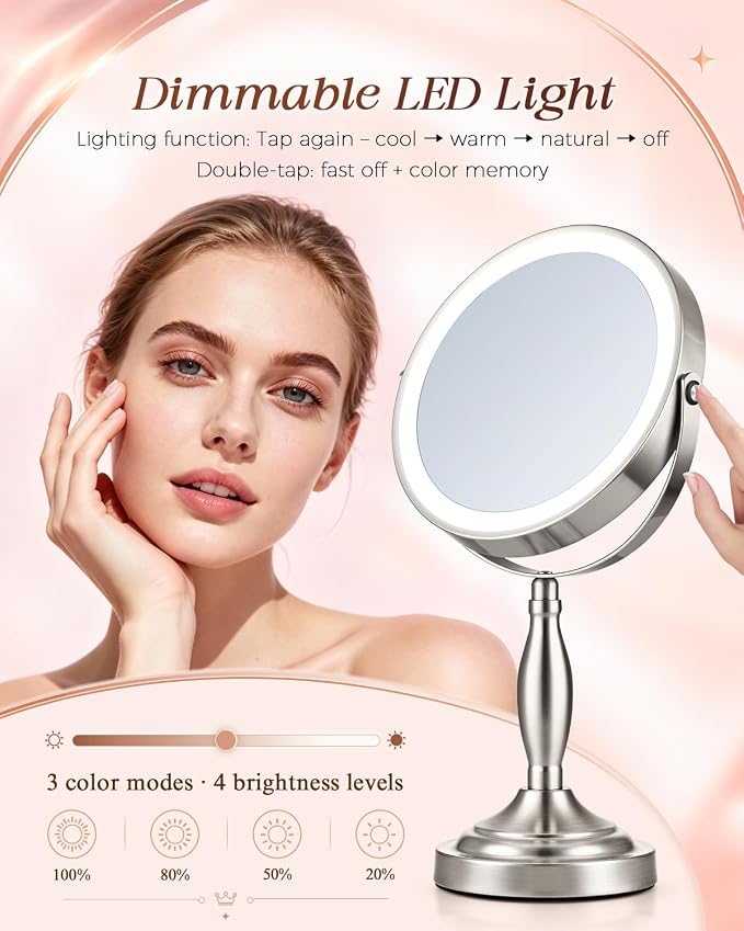 Makeup Mirror with Lights, 1X/30X Double Side Lighted Magnifying Mirror | 8'', 5000mAh Rechargeable Adjustable Brightness with 3 Colors, Side Touch & Side Charging with Adapter, Brushed Nickel