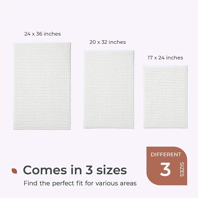 FRESHMINT Thick Chunky Chenille Bathroom Rug, Bright White, 24"x36" | Non-Slip Backing, Water Absorbent Surface, Machine Washable Care, Cushioned Comfort, Bathroom Floor Use