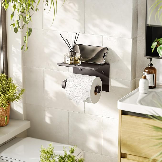 Toilet Paper Holder with Shelf Wall Mounted Toilet Paper Roll Dispenser | Heavy Duty Stainless Steel Bronze