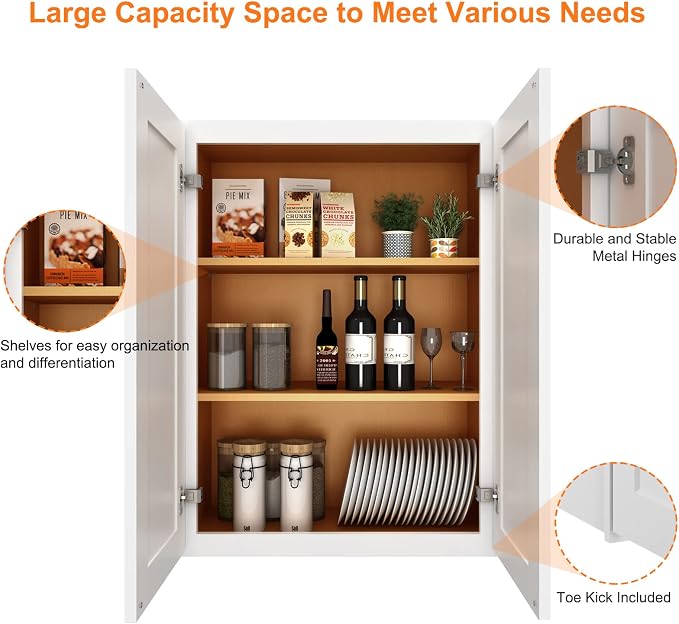 ROOMTEC Wood Wall-Mounted Cabinet,Bathroom Medicine Cabinet with Adjustable Shelves and 2 Soft-Close Doors,Laundry Storage Cabinet for Bathroom,Kitchen,Living Room 12" D*27" W*36" H,Shaker White