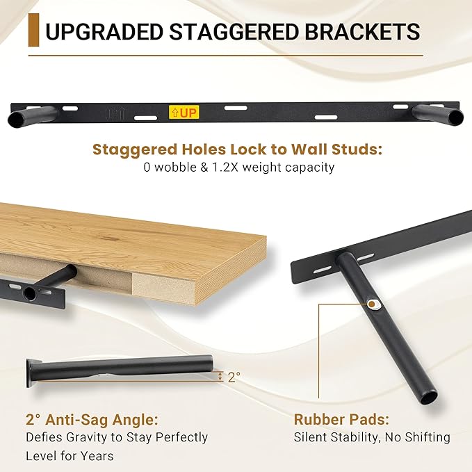 Vivelove Deep Floating Shelves 48x12” Set of 2, Oak | Easy Install With Hardware, 2" Thick, Invisible Brackets, Wall Mounted, No Sagging, For Any Room