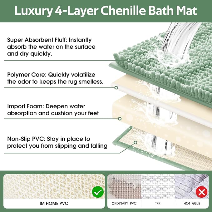 Christmas Striped Sage Green Toilet Bathroom Rug Mat Set 2 piece Rug Ultra Soft, Non Slip Chenille Bath Rugs, Absorbent Plush Shaggy Bath Mats for Bathroom, Bedroom, Kitchen, Shower, Tub