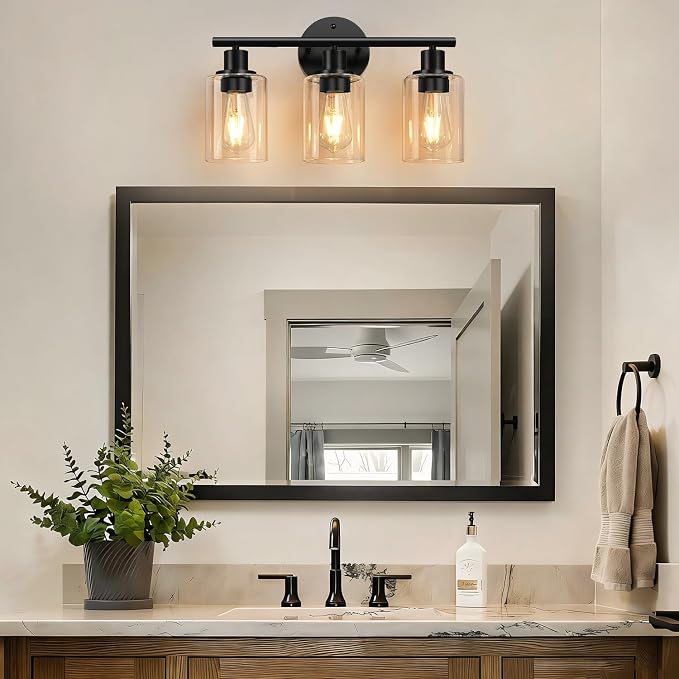 Zarbitta 3-Light Bathroom Light Fixtures, Black Modern Vanity Lights with Amber Glass Shades, Bathroom Wall Lamp for Mirror Kitchen Living Room Hallway Cabinet Porch