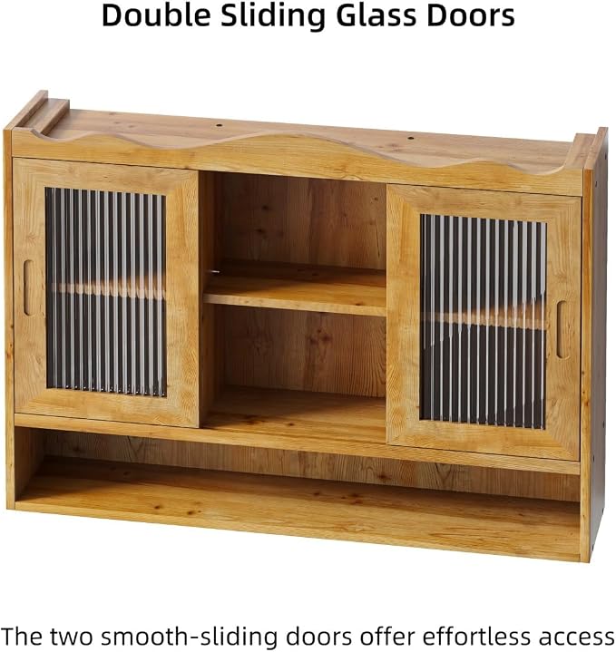 KEIKI 35.4" L Wall Mounted Kitchen Sideboard Cabinet with 2 Sliding Glass Door, 3 Layers Shelves, Retro Storage Buffet Medicine Cabinet for Bathroom, Dining Rooms, Entryway, Solid Wood, Natural