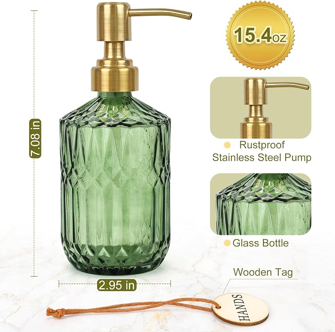 Green Glass Soap Dispenser (15.4 Oz, 1 Pack), Dish Soap Dispenser with Golden Rust Proof Pump for Kitchen Sink, Refillable Bathroom Hand Soap Lotion Dispenser