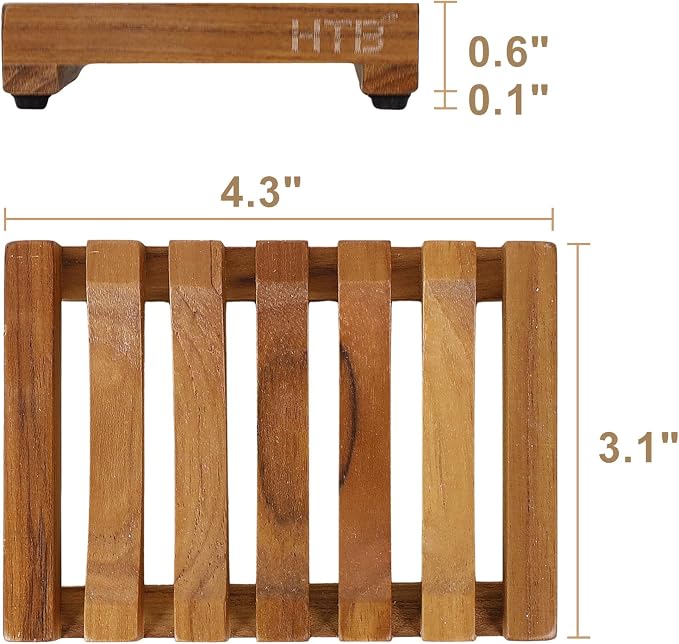 HTB Slotted Bar Soap Holder Teak Wood for Bathroom | Kitchen Wooden Sponge Holder, Self Draining Soap Dish for Shower, Sink, Bathroom, Bathtub, RV,Soap Saver Keep Soap Dry