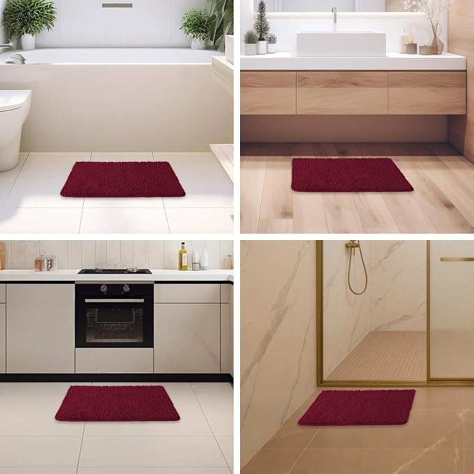 Vivid Burgundy Bathroom Rugs – Absorbent and Washable Bath Mat, Non-Slip, Thick Soft Chenille Bath Rugs for Bathroom Floor, Shower, Sink - 17" x 24"