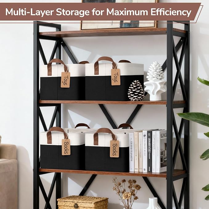 CHICVITA 4 Pack Foldable Closet Storage Baskets, Black & White | 14.8 × 10.3 × 8.3 in, Metal Frame, Leather Handles, Shelf Organization, Towels, Clothes, Linens & Toys Storage