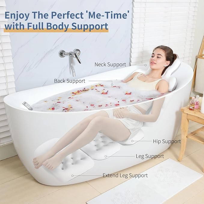 Luxury Bath Cushion, Full Body Bathtub Pillow with 160 Suction Cups, Bath Mat for Head and Neck Support, with Laundry Bag (White, 60" x 16")