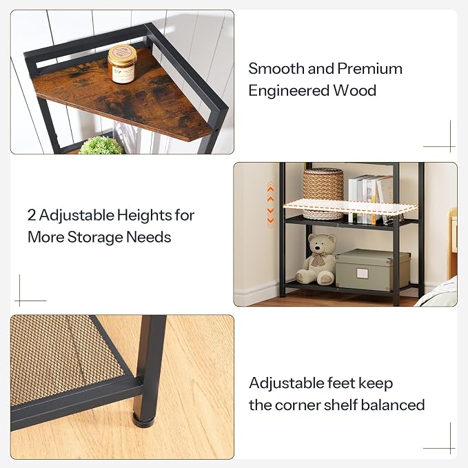 HOOBRO 5-Tier Corner Shelf Stand, Corner Shelf with LED Light, 56.3" Tall Corner Bookshelf, Display Rack Storage Organizer with Table, for Small Spaces, Living Room, Entryway, Rustic Brown BF69DCJ01