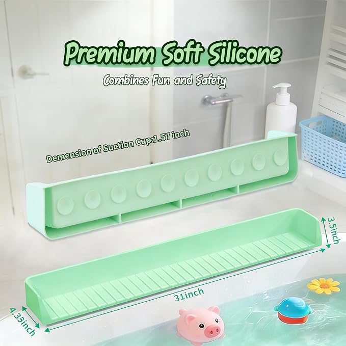 Kids Bathtub Splash Guard, Shelf & Toddler Bath Toy Tray - Green | Bathtub Splash Guard PlayPad Shelf Area with Strong Suction Cups, Bathtub Ledge Guard, Fun Bath Time for Toddlers Baby