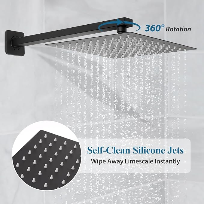 12 Inch Shower Head Set With Valve, Shower Faucet Set With Tub Spout, Rain Shower System, Black Shower Head And Handle Set, Ceiling Mount Shower Trim System