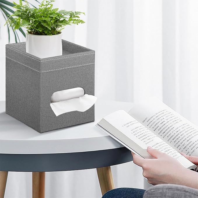Square Tissue Box Cover with Storage Tray,Modern Decorative Tissue Holder | PU Leather Side Open Napkin Caddy,Facial Paper Dispenser for Bathroom Vanity,Night Stands,Desk,Stylish Home & Office Décor
