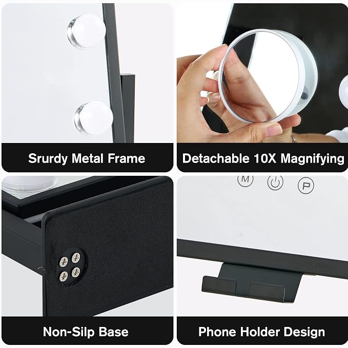 BWLLNI Vanity Mirror with Lights, Black Makeup Mirror with Phone Holder | Hollywood Mirror with 12 Dimmable LED Bulbs, 3 Color Lighting Modes, Detachable 10X Magnification, 360°Rotation